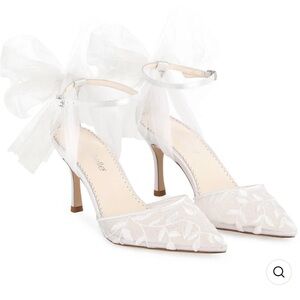 BELLA BELLE Vine Embroidered Ivory Lace Heels with Ankle Strap Tulle Bows